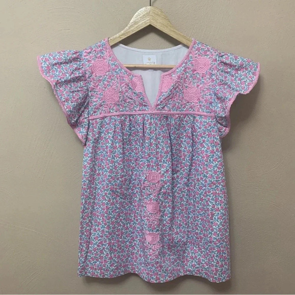 J.Marie Embroidered Floral Print Flutter Sleeve Top Size Small Pink Blue - Picture 1 of 12